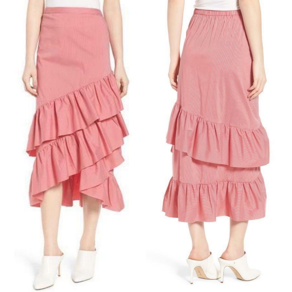 NEW CHELSEA28 Red & White GINGHAM Cowgirl FESTIVAL Tiered RUFFLE Maxi SKIRT S